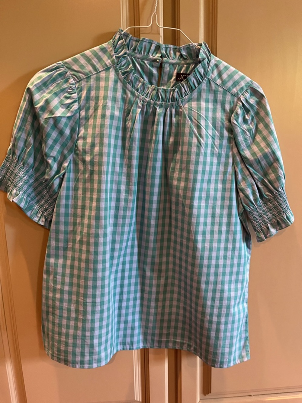 J. Crew blue and green  Gingham Ruffle-Neck Puff Sleeve Blouse